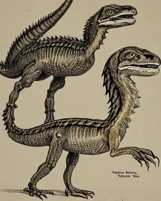 Prompt: A victorian naturalist\'s illustration of a velociraptor, anatomical notes with labels, pen and ink