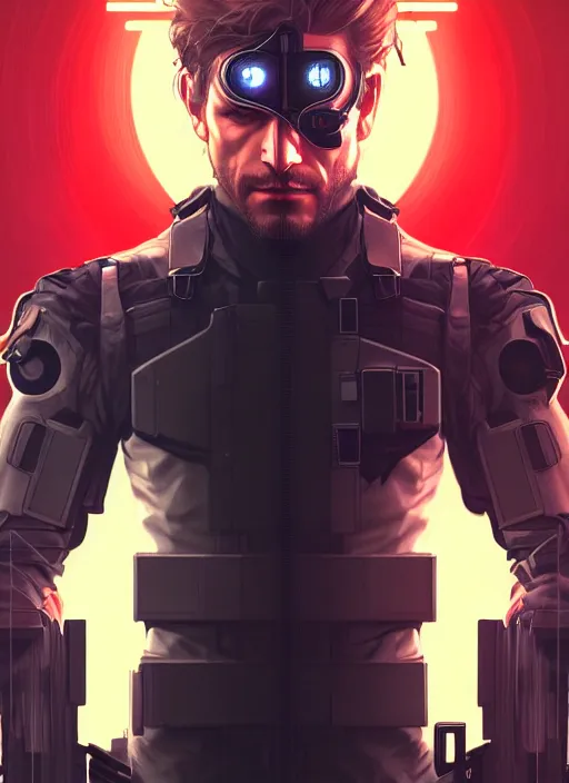 Image similar to symmetry!! portrait of solid snake, metal gear solid, tech wear, glowing lights!! intricate, elegant, highly detailed, digital painting, artstation, concept art, smooth, sharp focus, illustration, art by artgerm and greg rutkowski and alphonse mucha