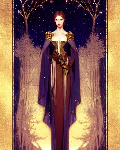 Image similar to nocturne, glowing, stars, a portrait of a beautiful medieval princess with a sword, tall and thin, highly detailed, mysterious, ethereal, dressed in velvet and gold jewelry, haute couture, dark forest, illustration, dramatic lighting, by edmund blair leighton, brom, charlie bowater, faces by otto schmidt