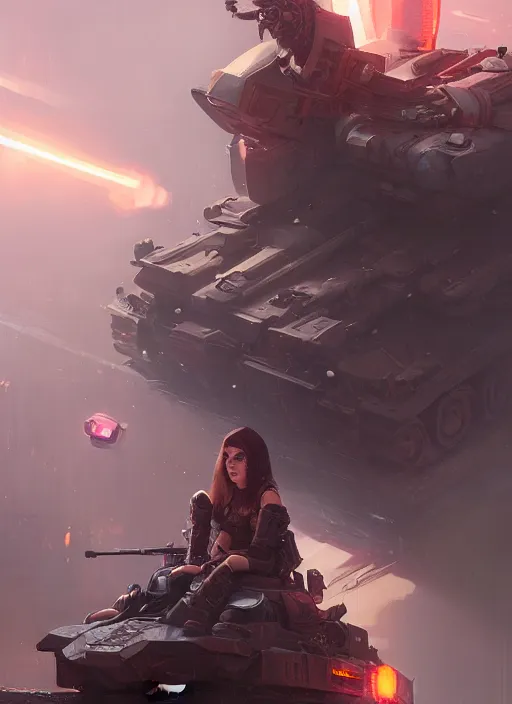 Image similar to portrait of a cyberpunk girl sitting on a tank, d & d, heartstone, digital painting, volumetric light, intricate, sharp, focus, bloom, illustration, highly detailed, concept art, matte, ruan jia, randy vargas, greg rutkowski