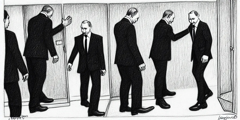 Image similar to vladimir putin being kicked out of a bar, cartoonish, ultra detailed pencil drawing