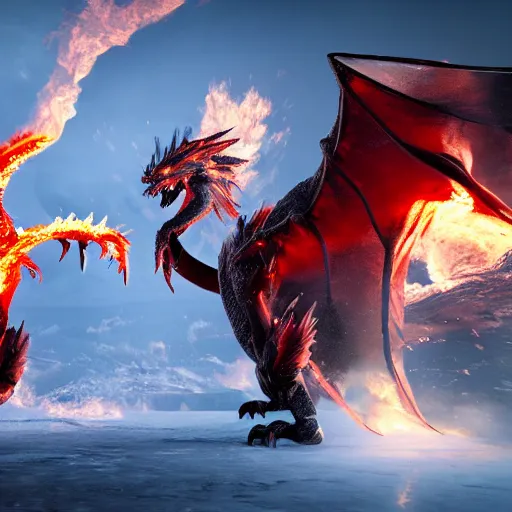 Image similar to ice Phoenix fighting against fire dragon, 8k, Unreal engine, realistic