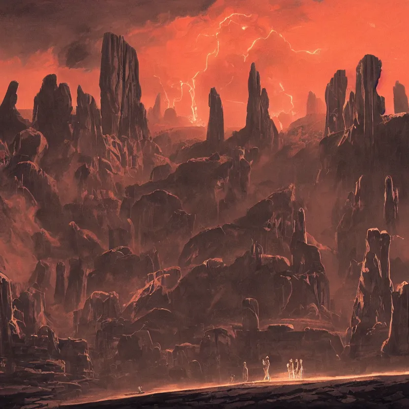 Prompt: a baseball field with ancient monoliths with glowing runes. highly detailed science fiction painting by daniel romanovsky, frank frazetta, and syd mead. rich colors, high contrast, gloomy atmosphere, dark background.