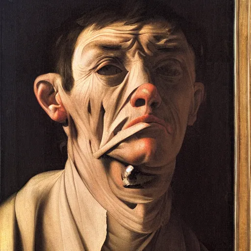 Image similar to portrait of a man with nasal fracture, by Caravaggio