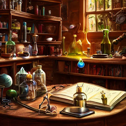 Prompt: hyper real, table, wizards laboratory, lisa parker, tony sart, mortar, pestle, scales with magic powder, energy flowing, magic book, beakers of colored liquid