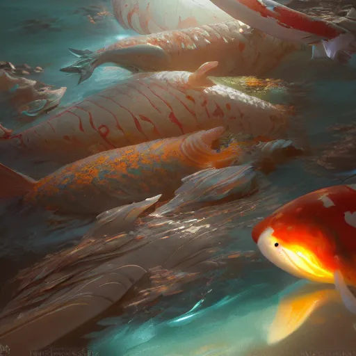 Image similar to subsurface scattering, white, giant submarine, koi colors, excluding koi, octane render, jesper ejsing, justin gerard, james jean, tomasz alen kopera, cgsociety, fenghua zhong, makoto shinkai, highly detailed, rim light, art, cinematic lighting, very coherent, hyper realism, 8 k