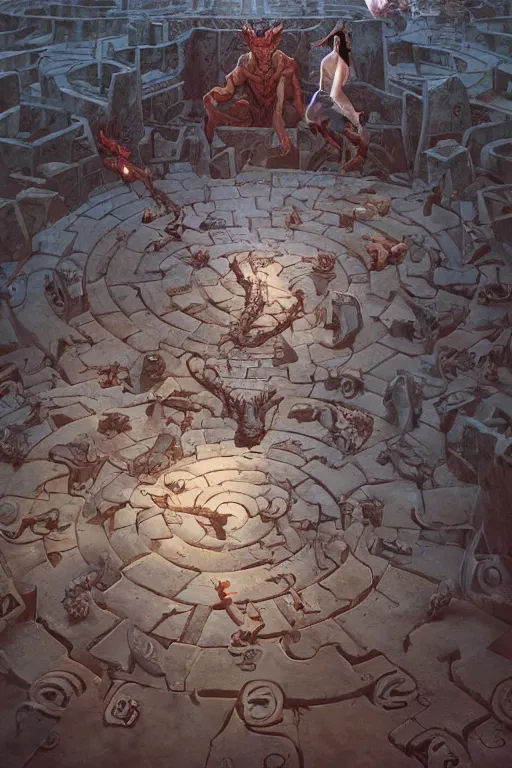 Image similar to one way perspective labyrinth with gargoyles spell scroll art by artgerm and greg rutkowski and Craig Mullins, James Jean, Andrey Ryabovichev, Mark Simonetti and Peter Morbacher 16k