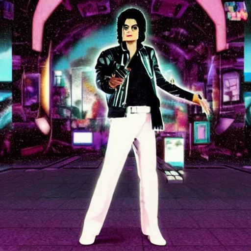 Image similar to Michael Jackson with a gun at a vaporwave themed place