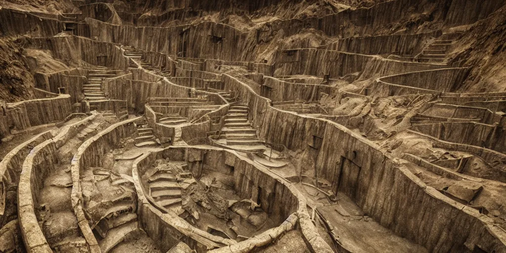 Image similar to very a deep mining pit, houses are carved into the sidewalls, long winding stairs going down, 8 k, shallow depth of field, moody lighting, ultra high detail, concept art,