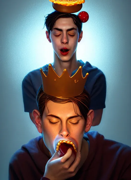 Image similar to portrait of jughead jones, eating a hamburger, wearing a crown, eyes closed, intricate, elegant, glowing lights, highly detailed, digital painting, artstation, concept art, smooth, sharp focus, illustration, art by wlop, mars ravelo and greg rutkowski