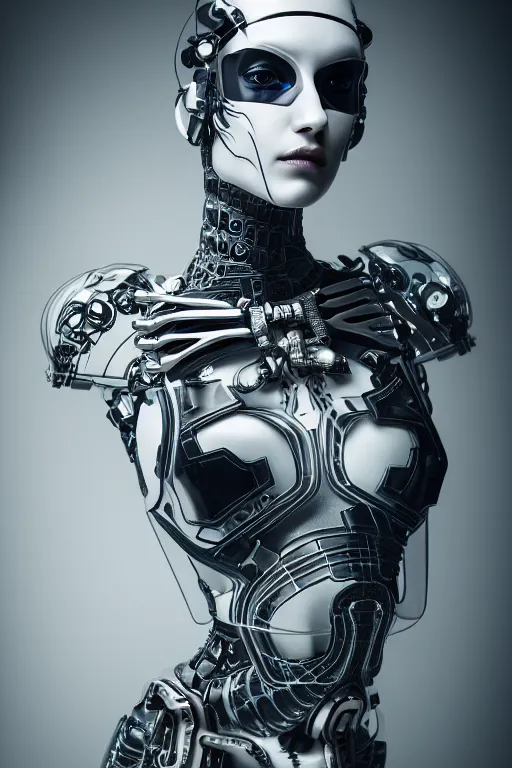 Image similar to beautifull anatomialy perfect cyberpunk woman model, wearing organic ceramic fractal armor, luxury materials, symmetrical, cinematic, elegant, professional studio light, real dlsr photography, sharp focus, 4 k, ultra hd, sense of awe, high fashion