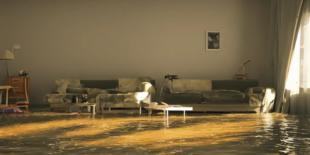 Image similar to kodak portra 4 0 0 photographic and realistic, 7 0 s living room, detailed, octane render, unreal engine, 4 k, artstation, hyper realistic, wide angle, floor flooded, how a river, objects that float, 3 5 mm, sharp focus, soft light, volumetric light fog, in the style of gregory crewdson