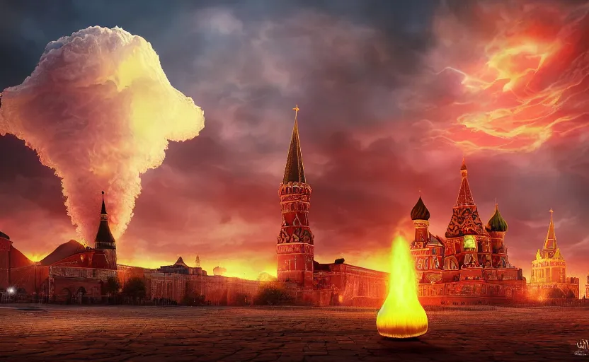 Image similar to nuclear explosion with realistic nuclear mushroom in Red Square Kremlin, cinematic shot, extremely high detail, photo realistic, cinematic lighting, post processed, artstation, matte painting, digital painting