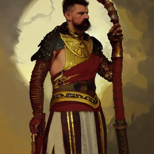 Image similar to Gavin McInnes as a Roman warrior wearing gold and red armor, elegant suit, smoking a cigarette, portrait art by alphonse mucha and greg rutkowski, highly detailed, digital painting, concept art, illustration, dim lighting with twilight rays of sunlight, trending on artstation, very detailed, smooth, sharp focus, octane render