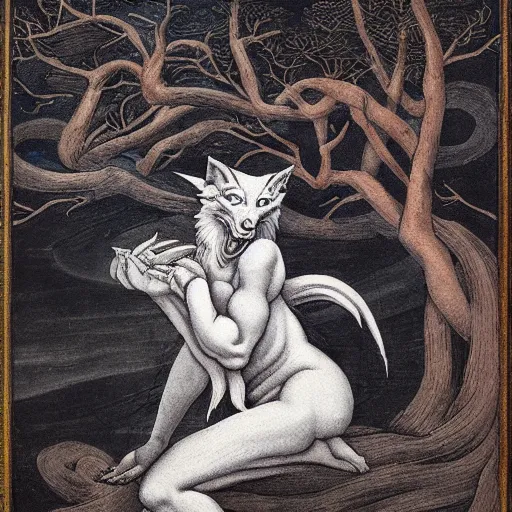 Image similar to a kitsune spirit in a dark forest, painted by michelangelo