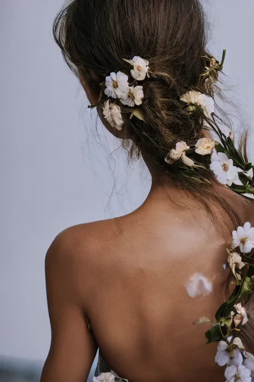 Prompt: photograph of an olive skinned female model in her twenties, her hair pinned up with flowers, wearing a designer top, looking content, focused on her neck, photo realistic, extreme detail skin, natural beauty, no filter, slr, golden hour, 8 k, high definition, selfie