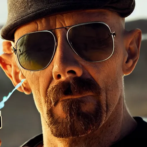 Prompt: skinny breaking bad, smoking cigarette, sunglasses, dark, cinematic lighting, impressive, without beard, without hair, drone pilot, mountain background
