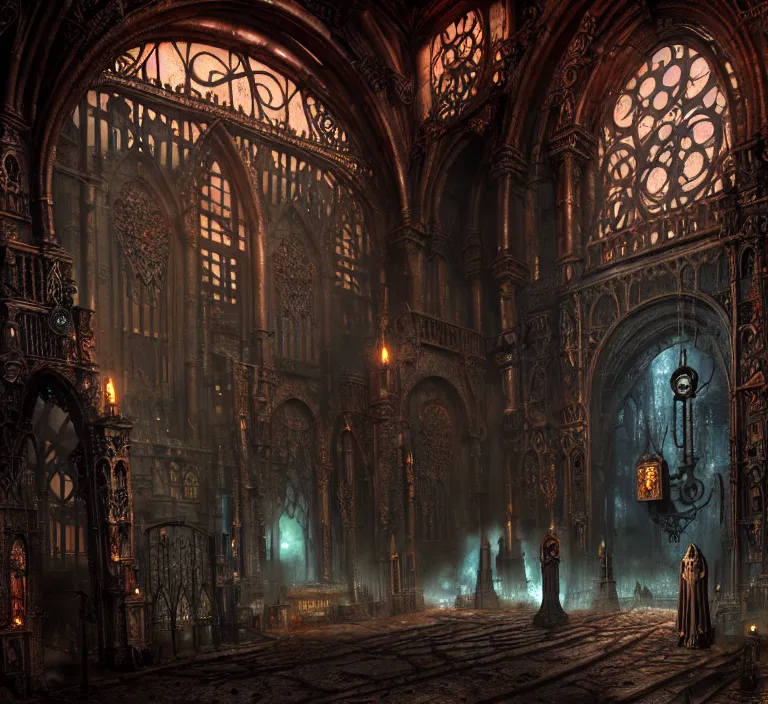 Image similar to steam necropolis, memento mori, gothic, neo - gothic, art nouveau, hyperdetailed copper patina medieval icon, stefan morrell, philippe druillet, ralph mcquarrie, concept art, steampunk, unreal engine, detailed intricate environment, octane render, moody atmospherics, volumetric lighting, ultrasharp, ominous, otherworldly