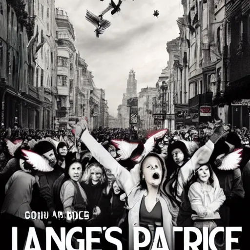 Image similar to angels protecting crowds of people in the street, movie poster style