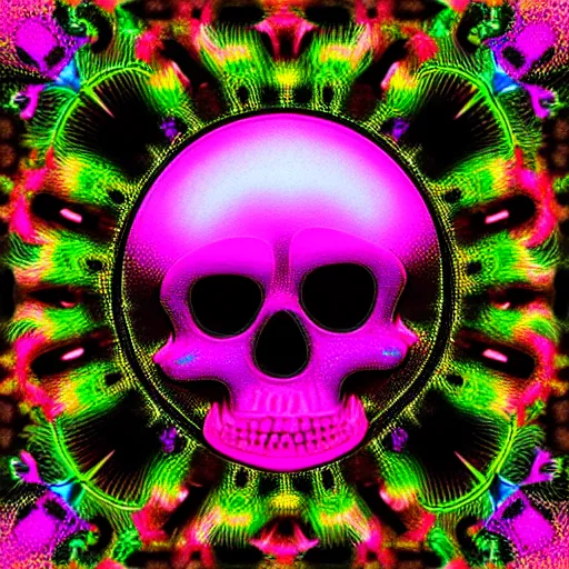 Prompt: skulls made out of fractals, neon colors, digital art