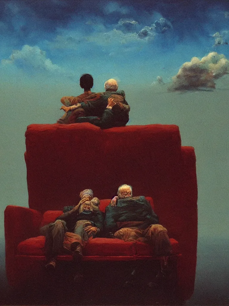 Image similar to old couple sitting on a couch in front of a boy in skies, psx game graphics , Beksinski painting