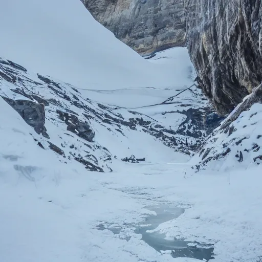 Image similar to dark ice cave with low ceiling and narrow rough river running through it, surreal,