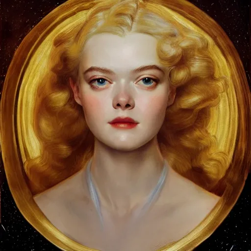 Prompt: leyendecker and peter paul rubens, head and shoulders portrait of a elle fanning, nighttime, on the beach, starry sky, unreal engine, fantasy art by global illumination, radiant light, detailed and intricate environment