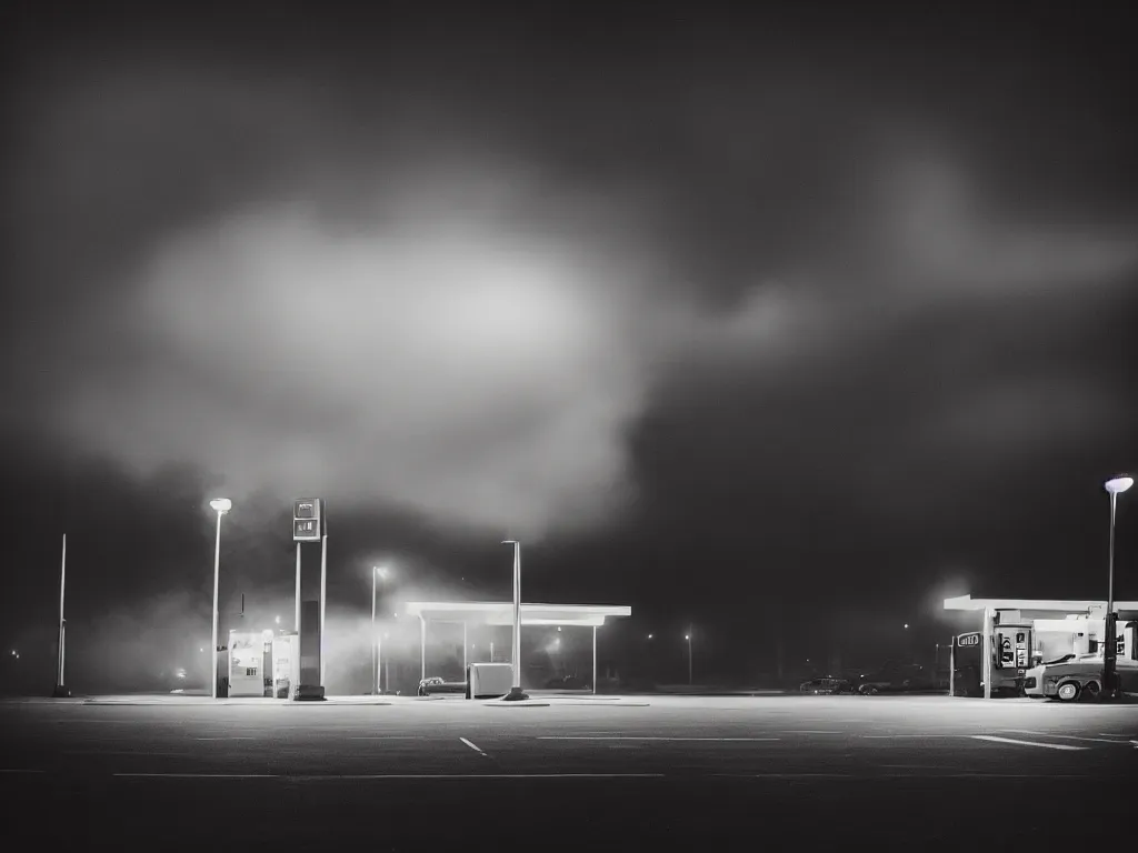 Image similar to “digital photography of gas station , fog, night, mood, atmospheric, full of colour, digital photography, finished in Lightroom”