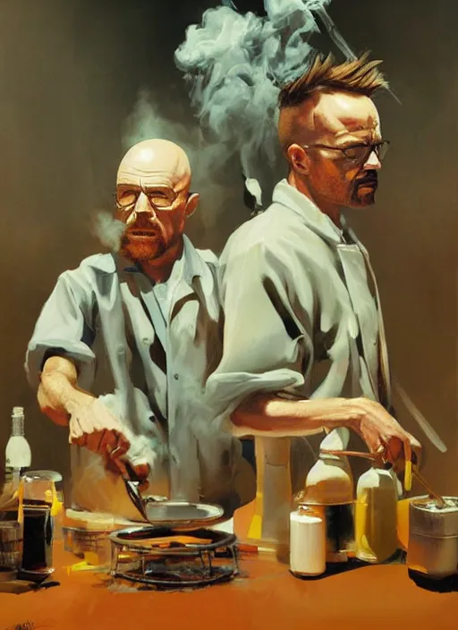 Image similar to walter white and jesse pinkman cooking meth, smoke, painting by phil hale, fransico goya,'action lines '!!!, graphic style, visible brushstrokes, motion blur, blurry, visible paint texture, crisp hd image