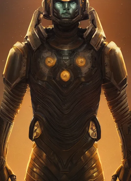 Image similar to masterpiece portrait of a cosmic warrior waring earth armor, au naturel, hyper detailed, digital art, trending in artstation, cinematic lighting, studio quality, smooth render, unreal engine 5 rendered, octane rendered, art style by klimt and nixeu and ian sprigger and wlop and krenz cushart