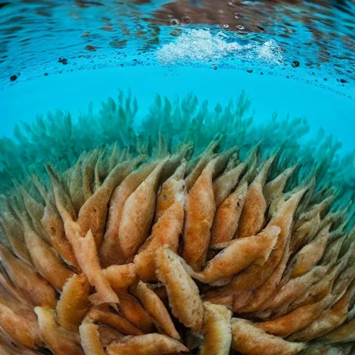 Prompt: underwater photo of breaded fish fillets swimming in a shoal