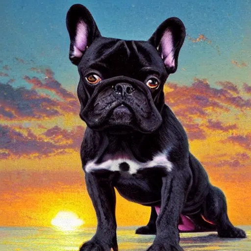 Prompt: black french bulldog on the beach with the sun setting by thomas kinkade