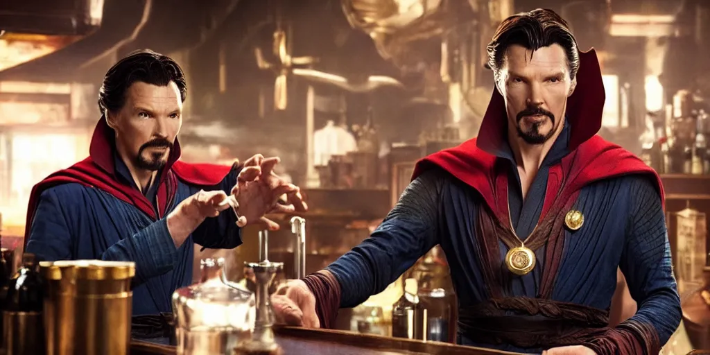 Image similar to film still of Doctor Strange working as a bartender in the new Avengers movie, 4k