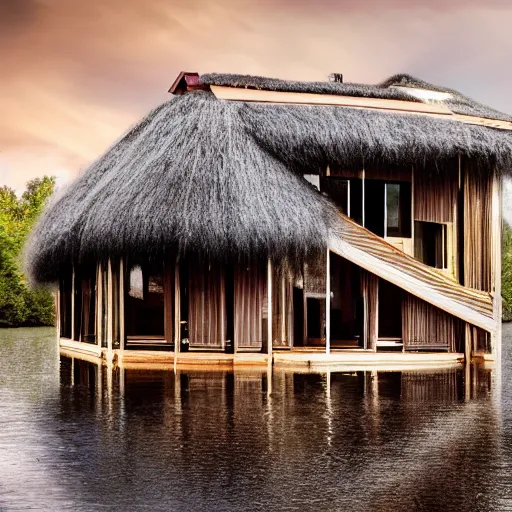 Image similar to a house made of a long hair. The house is made of 3 mammalian abdomens. The fur house sits in a lake on the edge of a forest. A family is living inside the fur house and it is furnished with contemporary furniture and art. ultra wide shot, Coronarender, 8k, photorealistic