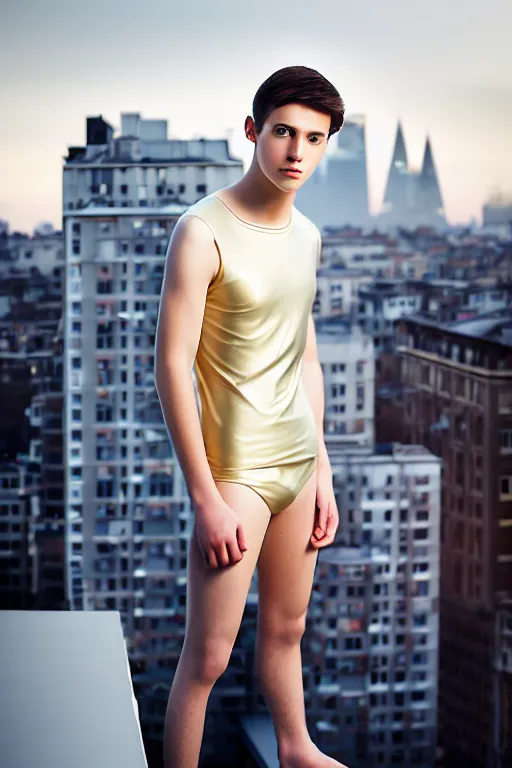 Image similar to un ultra high definition studio quality photographic art portrait of a young man standing on the rooftop of a british apartment building wearing soft padded silver pearlescent clothing. three point light. extremely detailed. golden ratio, ray tracing, volumetric light, shallow depth of field. set dressed.