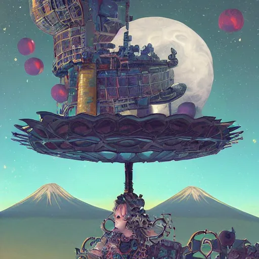 Image similar to On the morning of the robot queen's coronation, The Mekanik Doll, chubby moss kitten, Mount Fuji seen from the International Space Station, the theme of Alice in Wonderland, digital painting, concept art, illustration, deep dark, artstation, intricate, beautiful and thematically complex, ue5, by Dylan Kowalski and deiv calviz