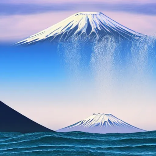 Image similar to Giant Wave with mount fuji in the background,wave larger than the mountain, highly detailed