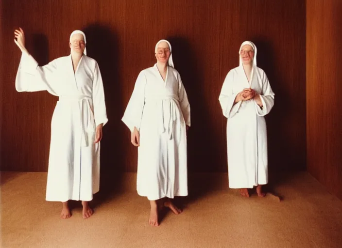 Image similar to realistic photo of a two medieval female monks scientists wearing white cotton robes, doing an experiment with a cloud, living room interior is made of wood 1 9 9 0, life magazine reportage photo, natural colors