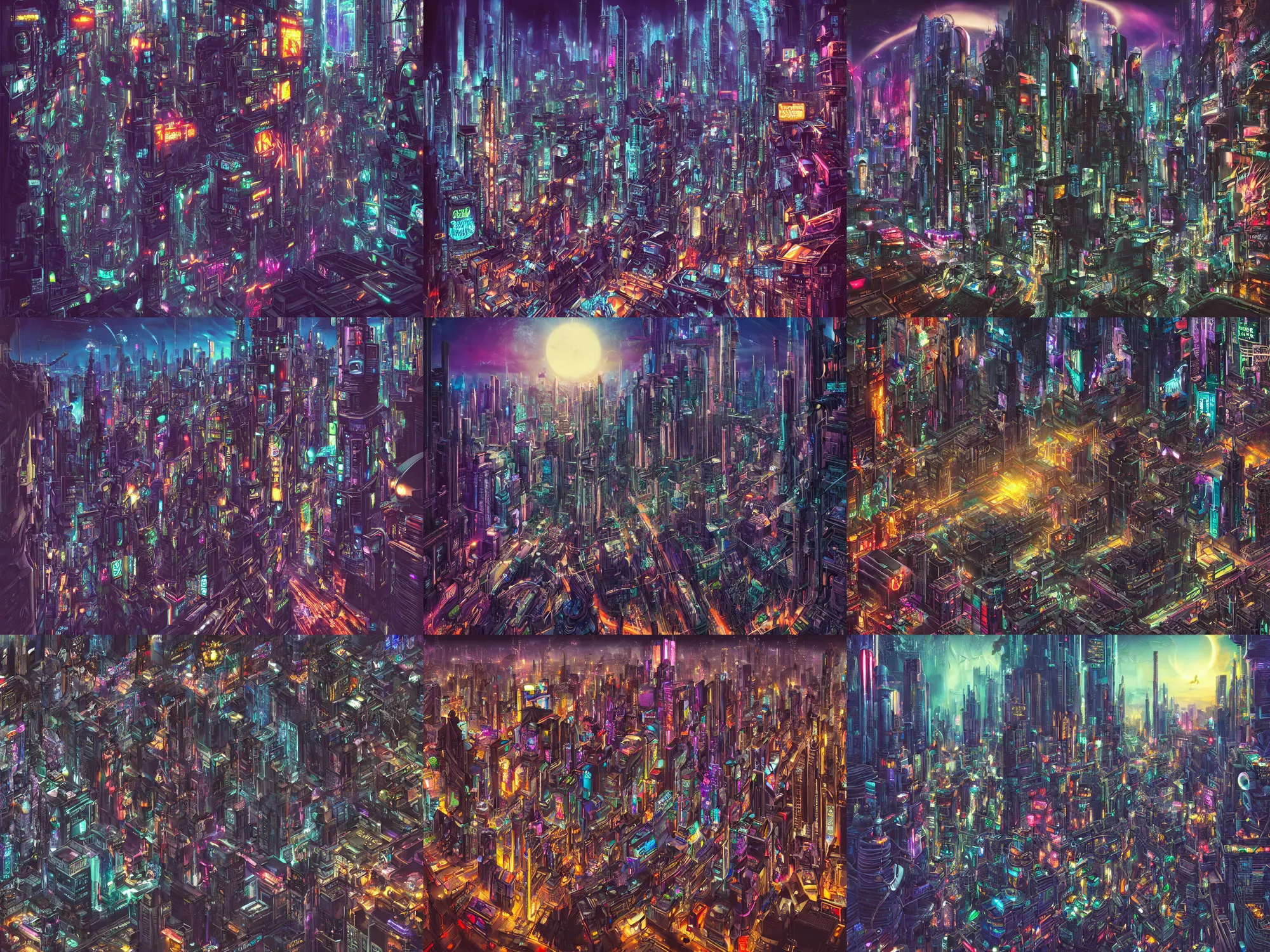 Prompt: a photorealistic detailed ultrazoom image cyberpunk city, science, divinity, utopian, triumphant, cinematic, epic, grandiose, moody, mathematics, futuristic, by jason felix, dan mumford, kinkade, lisa frank, ilya kuvshinov, lois van baarle, ross tran, warhol, rockwell, wpa, public works mural, orthodoxy