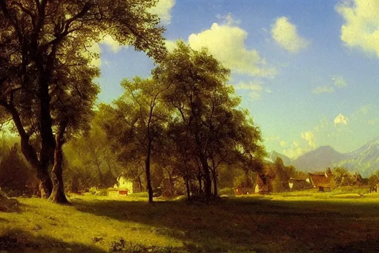 Image similar to peaceful village landscape, art by albert bierstadt