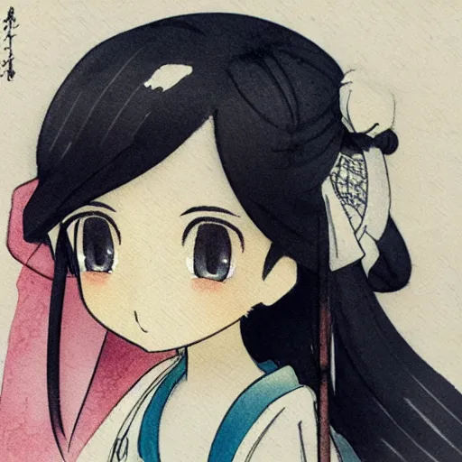 Image similar to beautiful water color concept art of face detailing cute nendoroid girl in the style of hokusai , toon rendering, close-up, no shade, modern art, kyoto animation