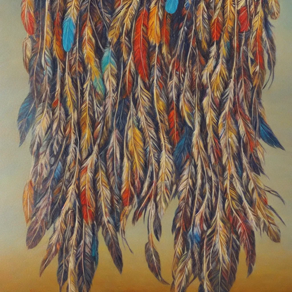 Image similar to dreamcatcher, native american art, peaceful, countryside, realistic, oil painting