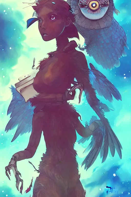 Image similar to otherworldly owl, pixiv fanbox, cinematic light, anime style, graphic novel by fiona staples and dustin nguyen, peter elson, alan bean, wangechi mutu, clean cel shaded vector art, trending on artstation