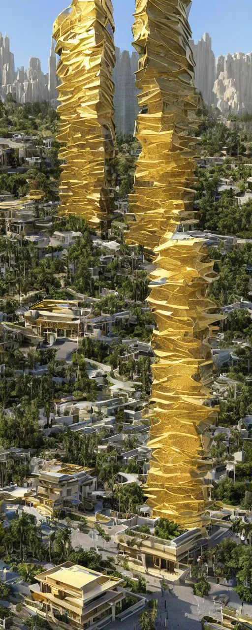 Image similar to photorealistic photo of a single tower mountain shape golden gardens of babylon tower, golden stone color palette, sacred ancient architecture, solid exterior, wide tower with hanging gardens on the balconies, cascading highrise, next to mountains and river with lush palm forest, zaha hadid, sunlight, eye - level view, post - production, octane, cgi, sfx