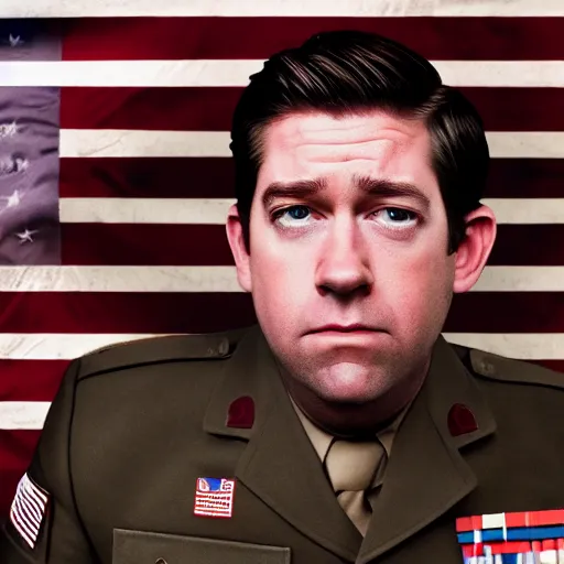 Image similar to general patton but as john krasinski standing in front of american flag, perfect face, sharp focus, illustration, octane render