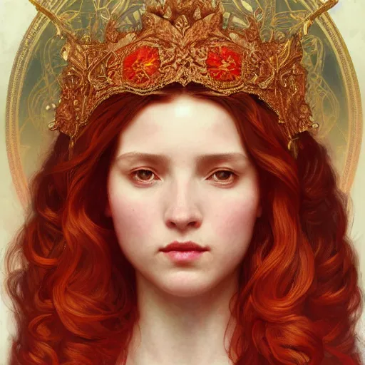 Image similar to portrait of a red bear queen, intricate, elegant, highly detailed, digital painting, artstation, concept art, smooth, sharp focus, illustration, art by artgerm and greg rutkowski and alphonse mucha and william - adolphe bouguereau