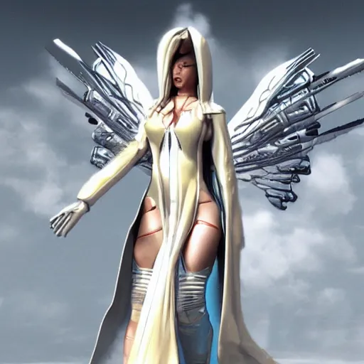 Image similar to tall female cyber angel, cyberpunk armor, flowing robes