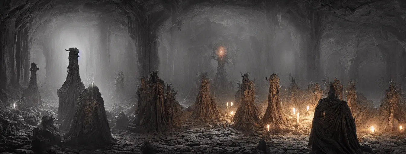 Image similar to dark fantasy catacombs, inside the infernal hall, undead demon guard figures, ethereal, ominous, dramatic cinematic lighting, volumetric 8 k, cryengine, by h. r. giger and zdizslaw beksinski, elden ring