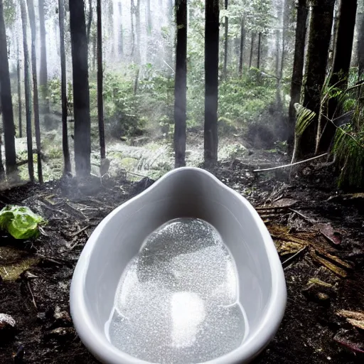 Prompt: pristine porcelain bath filled with bubbles in a clearcut rainforest, slash and burn, cleared forest, deforestation, bubble bath, overflowing with bubbles, tree stumps, smouldering charred timber