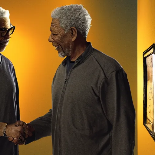 Prompt: photograph of Gordon Freeman shaking hands with Morgan Freeman in a dimly lit bedroom, 8k, highly intricate, highly detailed,